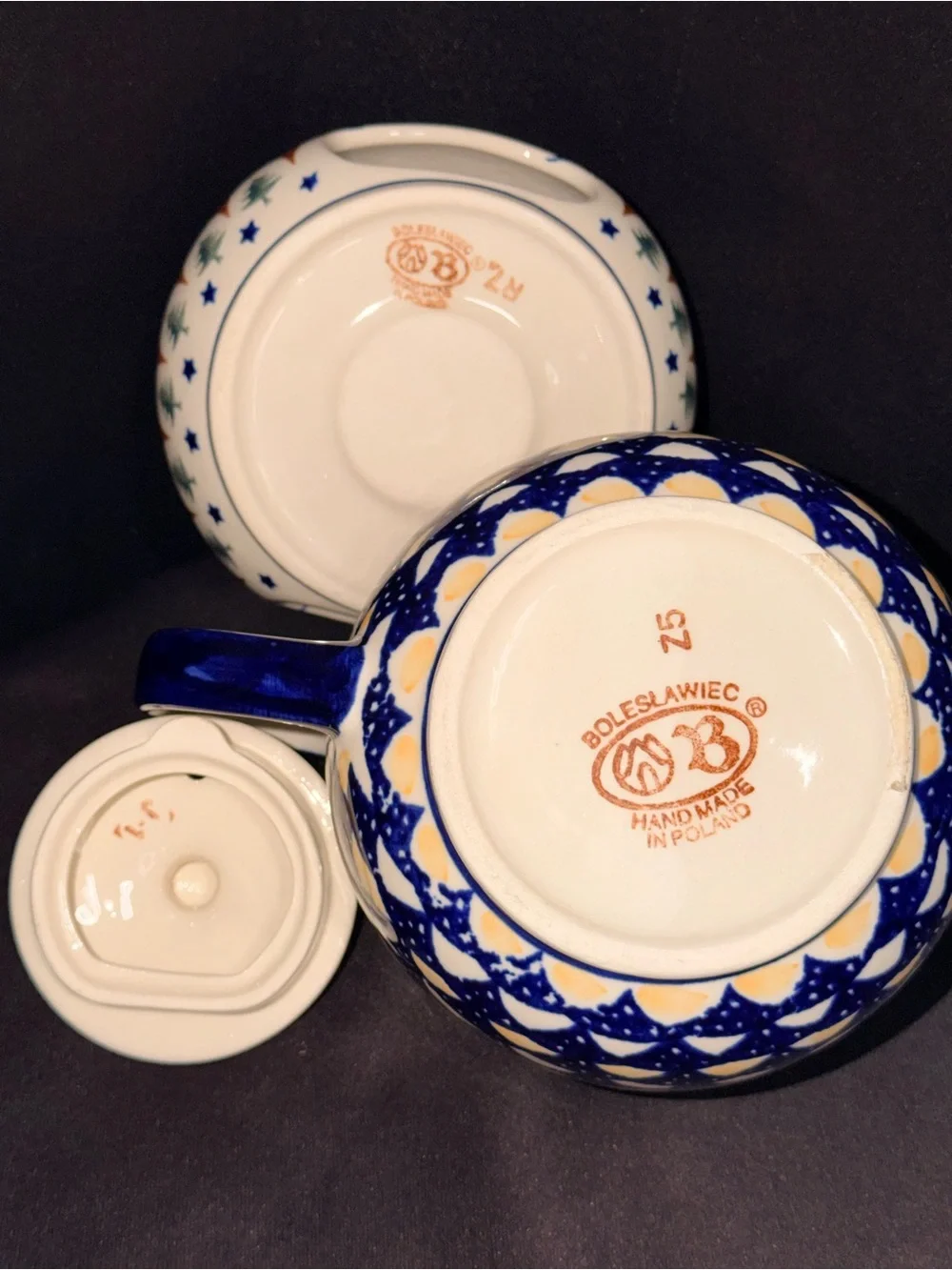Blue and White Ceramic Teapot with Green and Brown Pattern